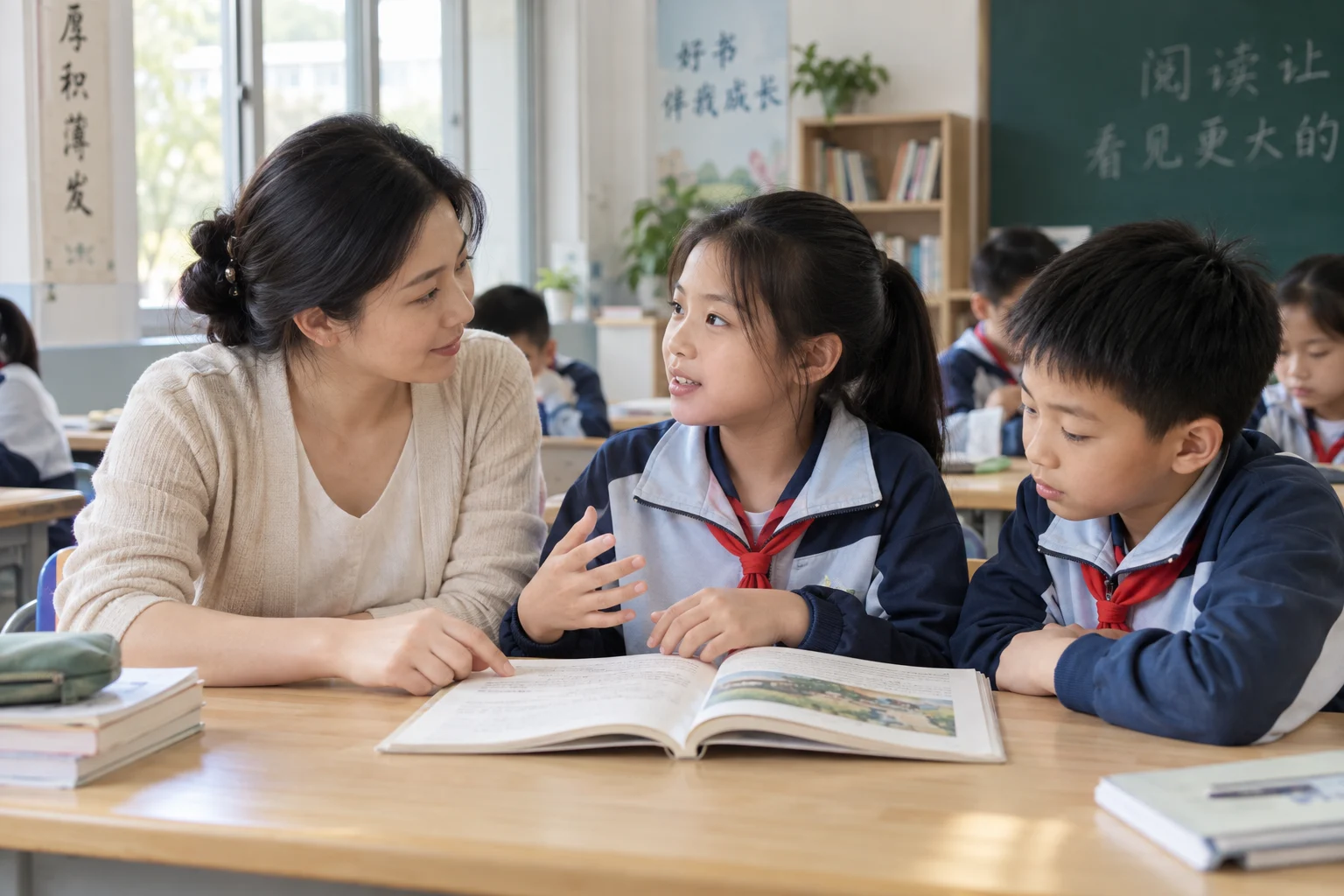 写实情境示意：老师与两名学生围绕课本交流，一名女孩表达自己的理解